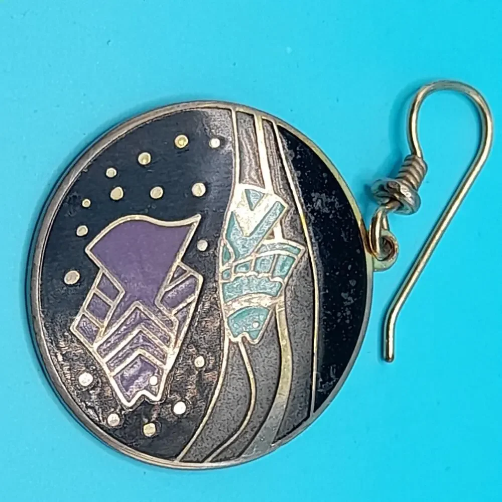Vintage Laurel Burch Tropical Fish Drop Earrings, Cloisonné Enamel Gold Plated